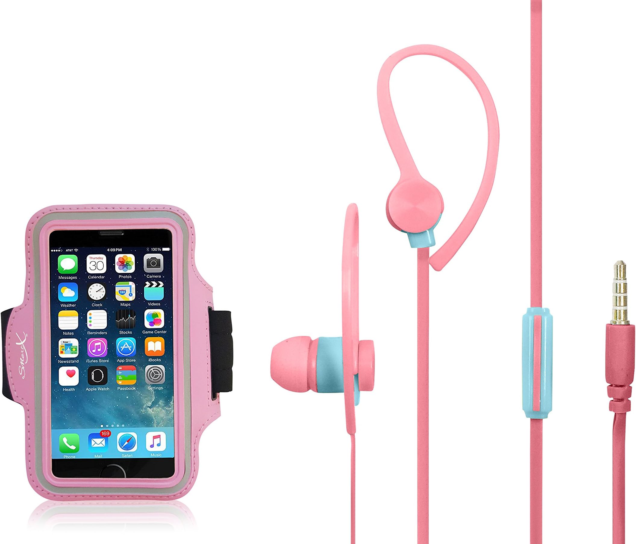 SmartX Cell Phone Sports Armband and Earphones for Running, Walking and Cycling with Key Holder and Earbuds (Pink)