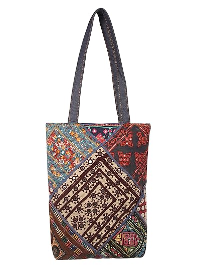 Ethniche Designs Ethnic embriodery Handmade Tote Bag with Denim Fusion (Medium)