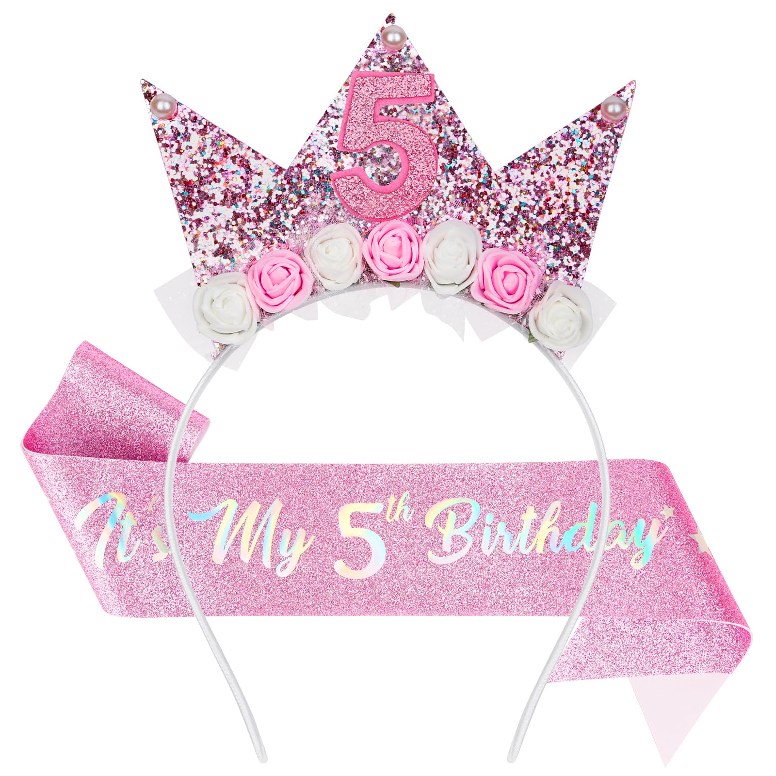 AOOTE Birthday Sash and Tiara, 5th Happy Birthday Decorations Headbands, Princess Crown Hats Girl, Princess Party Glitter Hair Band Decorations Gifts for 5 Year Old Girls