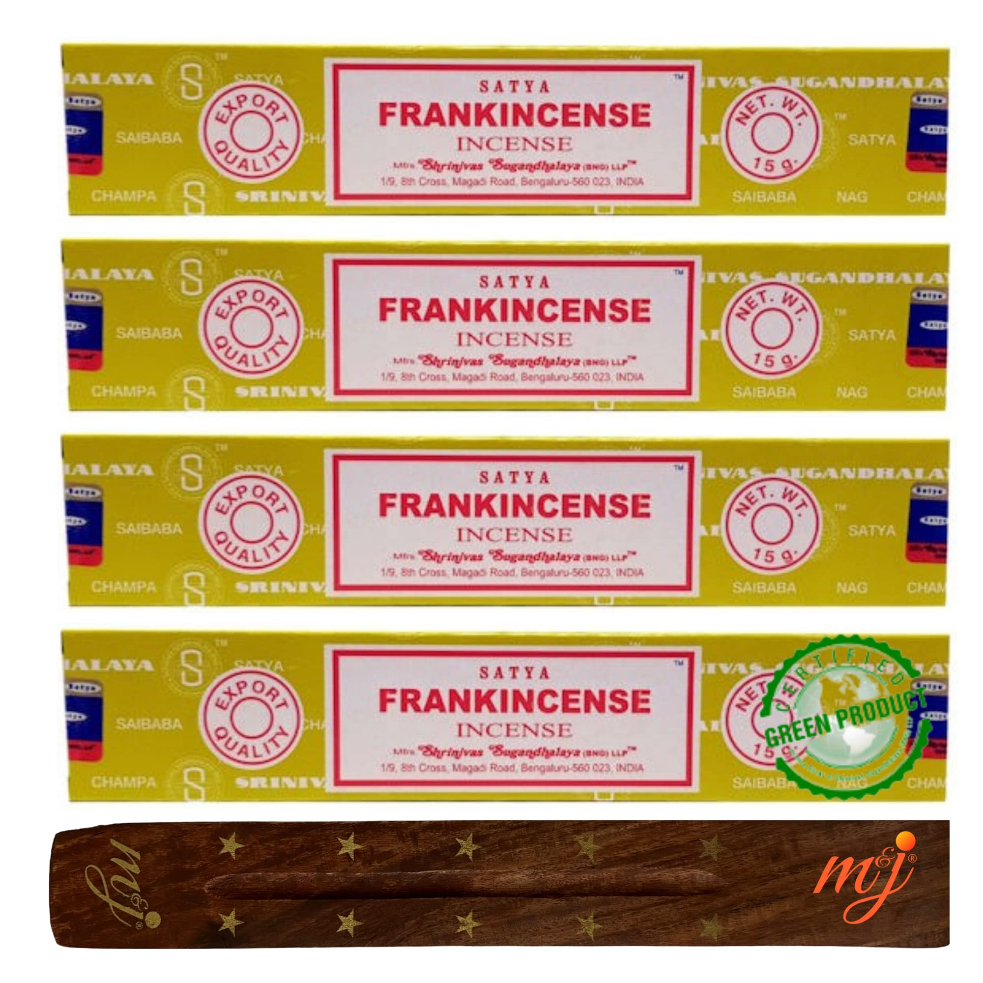 Original Satya Nag Champa Frankincense Incense Sticks | with M&J incense sticks holder | x4 pack | for Aromatherapy, Spa, Yoga, Weddings, Meditation, Healing, Positivity and Relaxation — image 1
