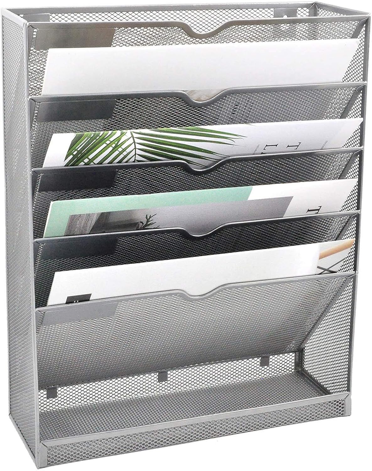 EASEPRES Mesh Wall File Organizer 5 Tier Vertical Mount Hanging Holder Magazine Rack with Bottom Flat Tray, Silver : Office Products