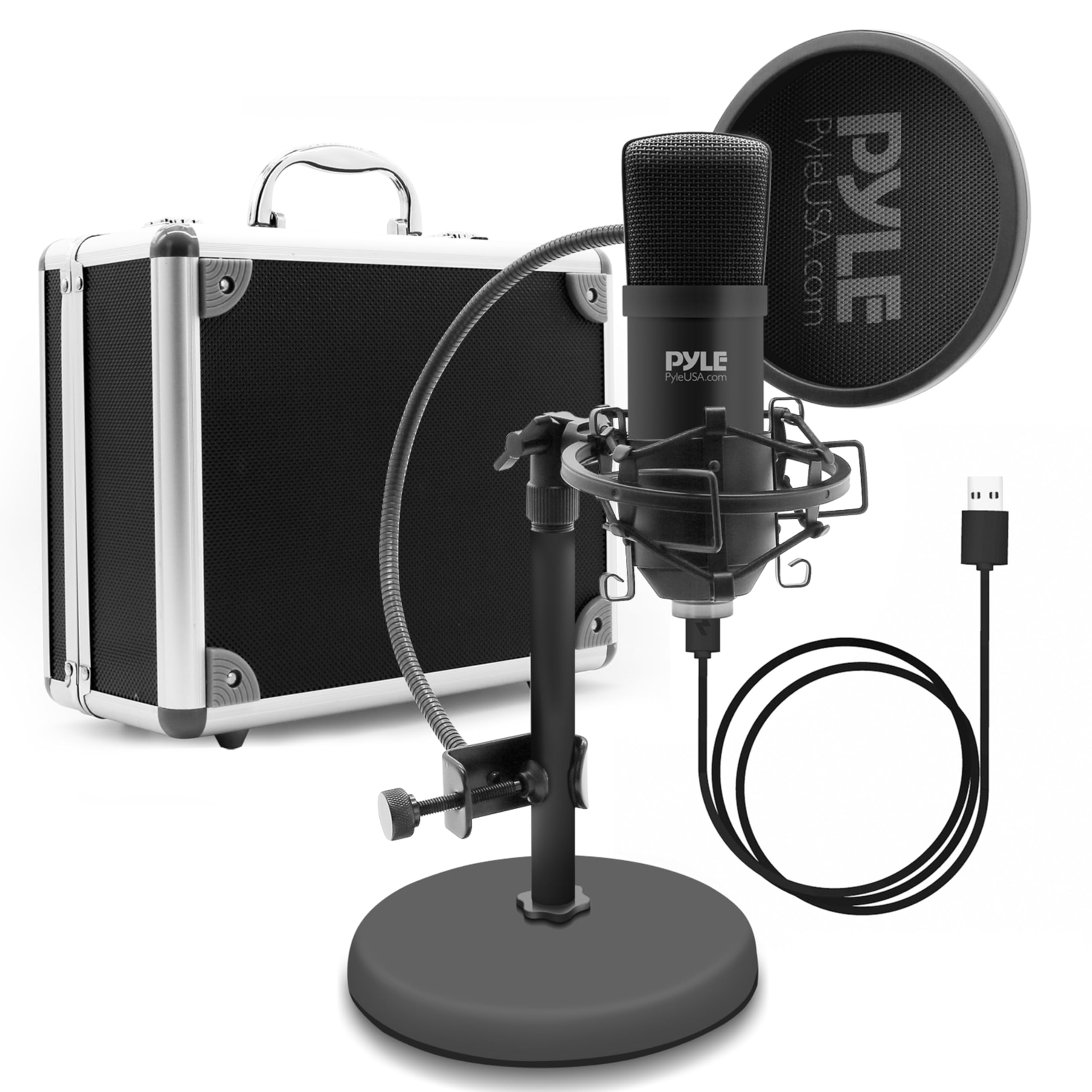 Kit de grabación de podcasts con micrófono USB - Micrófono de condensador cardioide de audio con soporte de escritorio y filtro pop - para juegos PS4, streaming, podcasting, estudio, YouTube, funciona con Windows Mac PC - Pyle PDMIKT120