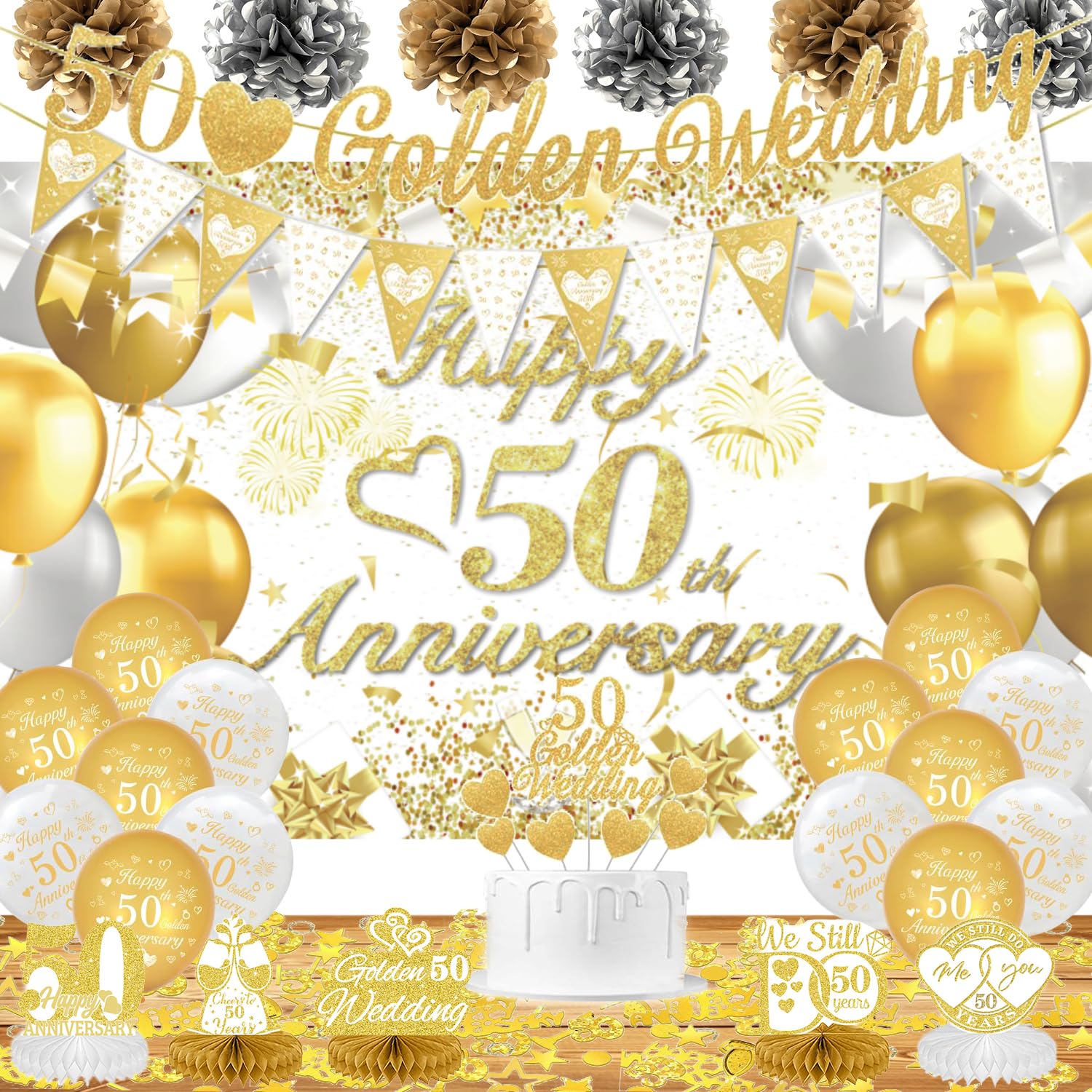 50th Wedding Anniversary Decorations, Happy Golden Wedding Anniversary Banner Backdrop Cake Topper Confetti Honeycomb Centerpieces for Party Supplies