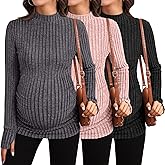 Sweetyweee 3 Pack Women's Maternity Shirts Mock Turtleneck Long Sleeve Ribbed Pregnancy Tops with Thumb Hole Mama Clothes