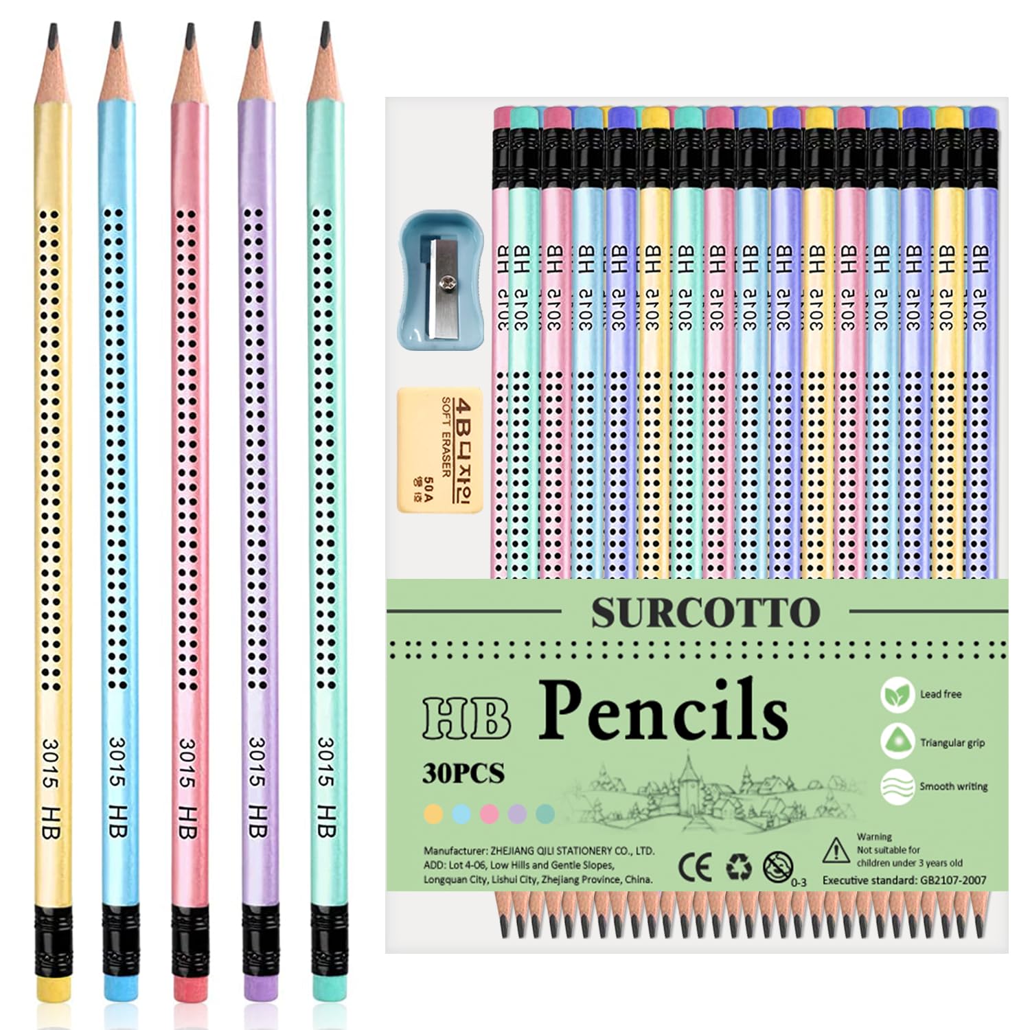 Surcotto HB pencils, 30 HB pencils with eraser and sharpener, pre-sharpened triangular pencil for student's writing and drawing at school and home-New Package, Blue