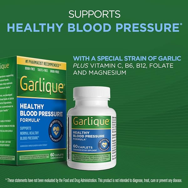 GARLIQUE GARLIC EXTRACT SUPPLEMENT, HEALTHY BLOOD PRESSURE FORMULA, ODORLESS & VEGAN, 60 CAPLETS