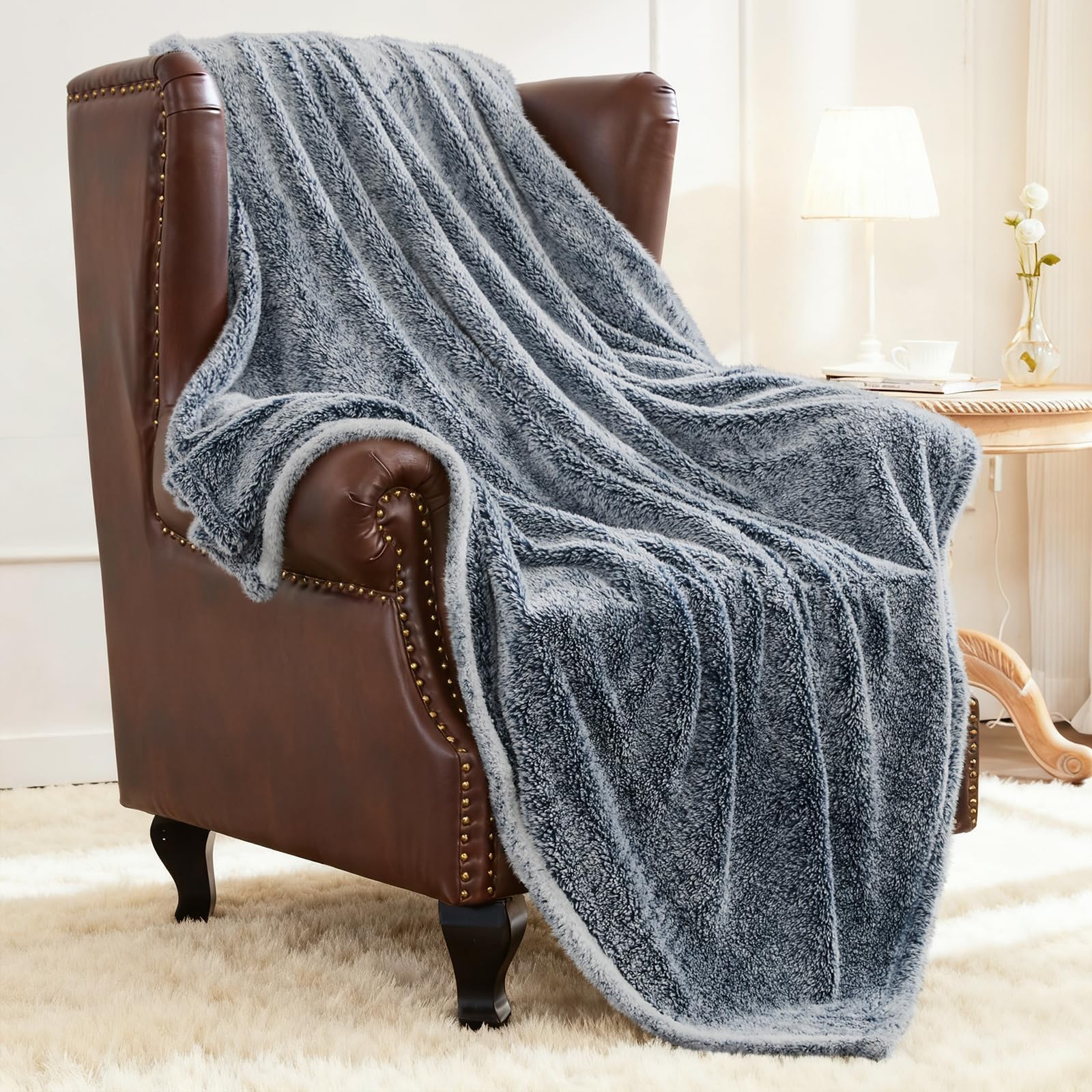 Exclusivo Mezcla Plush Fuzzy Fleece Throw Blanket 127x178 CM, Super Soft, Fluffy and Warm Blankets for Couch, Bed, All Season Use, Mixed Navy Blue — image 1