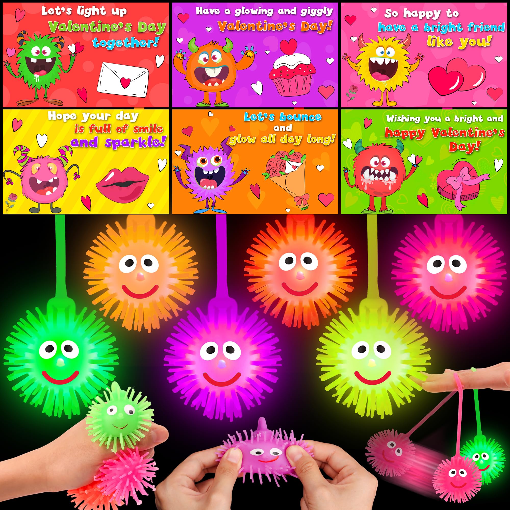 Photo 1 of 24 Pack Valentines Day Cards for Kids Classroom with LED Puffer Balls, Valentines Gifts for Kids School Class Exchange Prizes Party Favors Valentines Light Up Toys Stress Relief Balls for Boys Girls