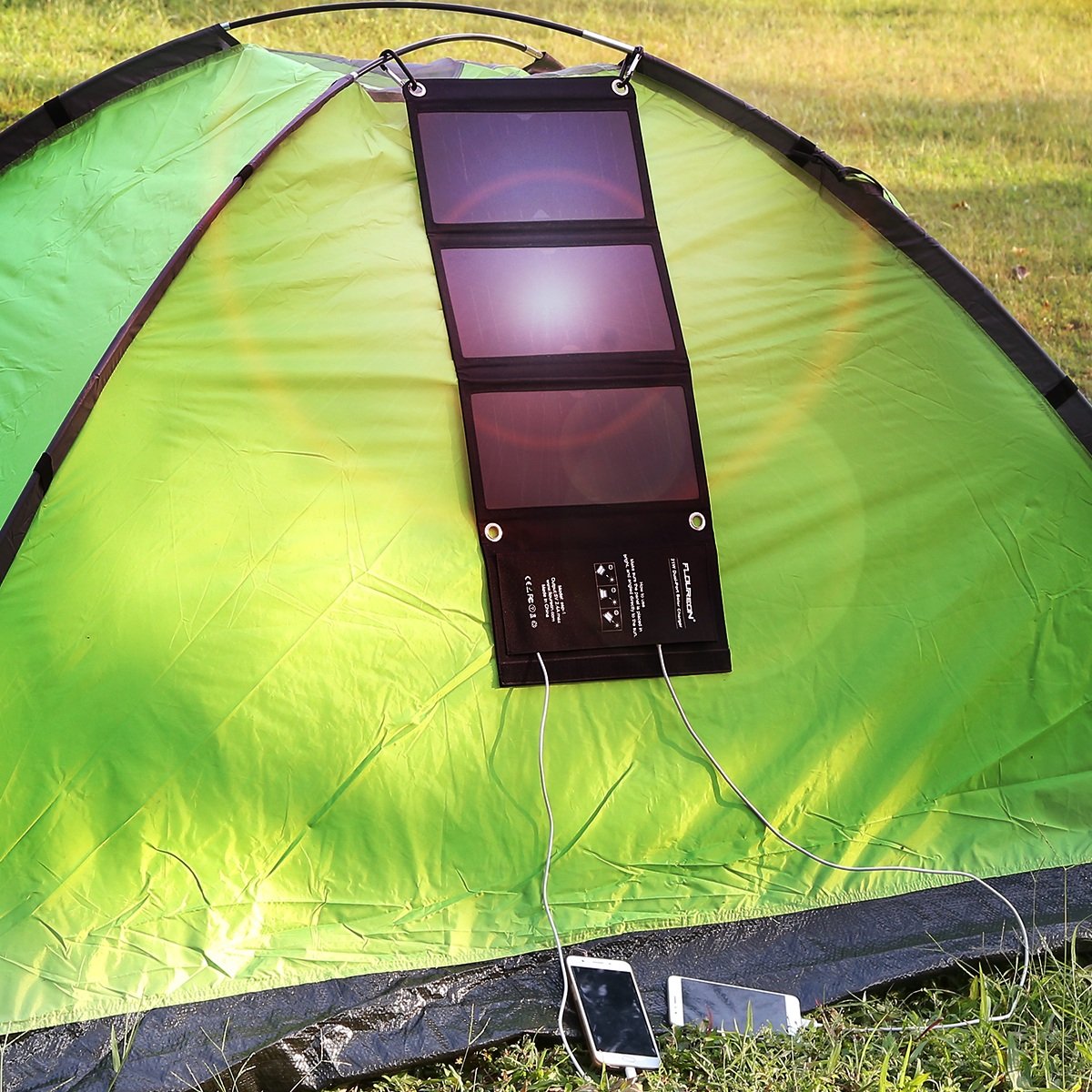FLOUREON Solar Charger 21W Solar Panel with Triple USB Ports Waterproof Foldable for Smartphones Tablets and Camping Travel