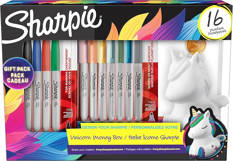 Permanentmarker Geschenkset | Einhornspardose & Marker | feine Spitze | gemischte mystische Edelsteinfarben | 16 Stück | Einhorngeschenk für Mädchen & Jungen