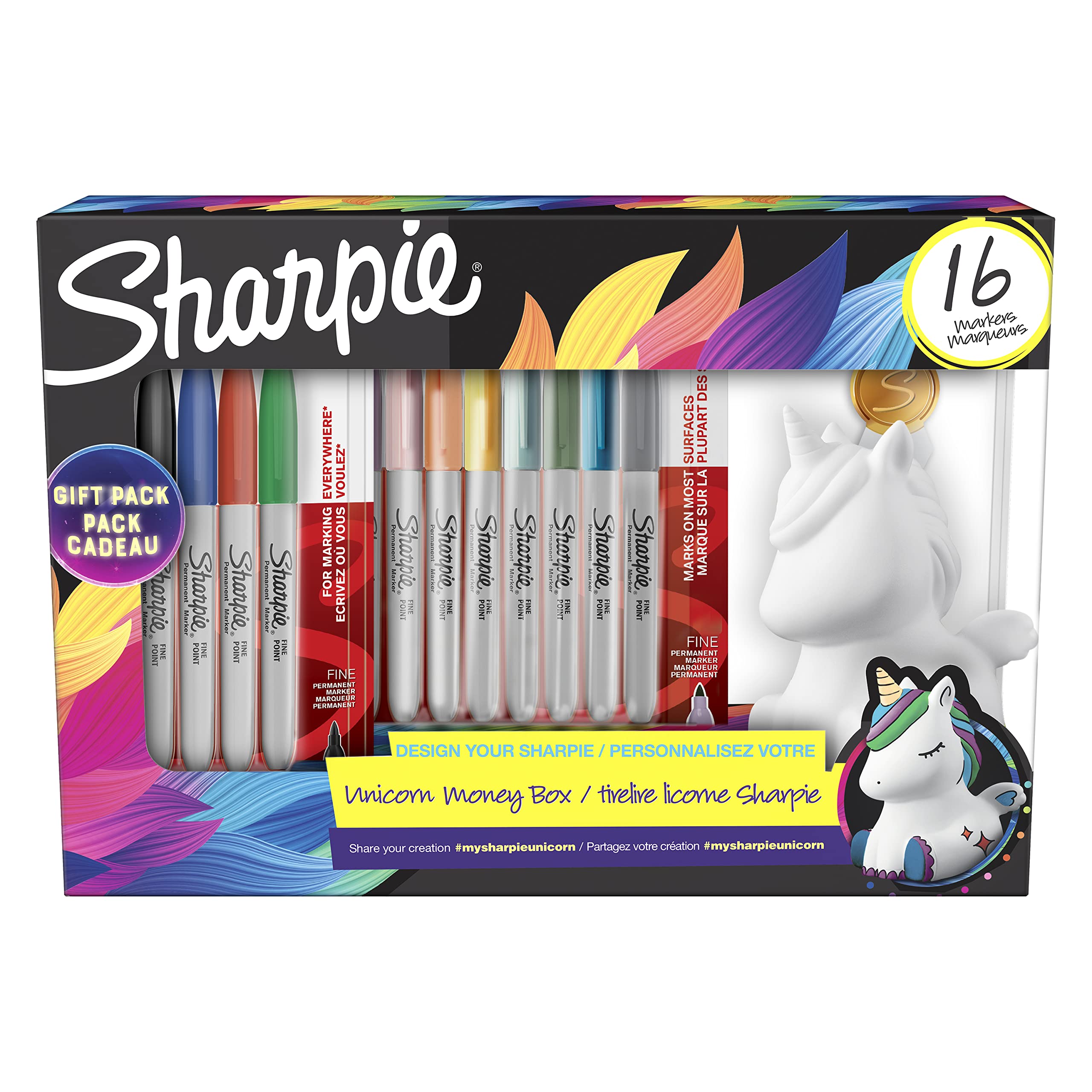 Sharpie Permanent Marker Pens Gift Set | Unicorn Money Box & Marker Pens | Fine Point | Assorted Mystic Gem Colours | 16 Count | Unicorn Gifts for Girls & Boys