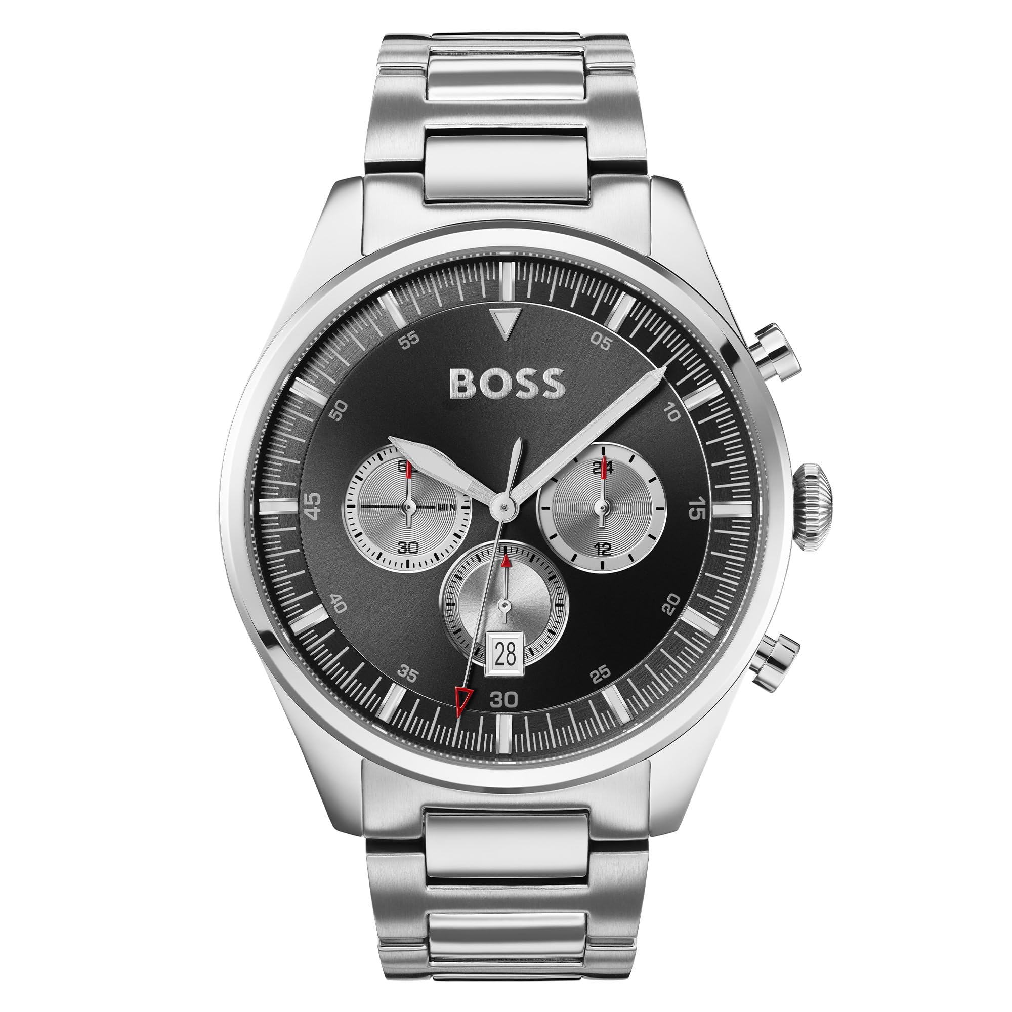 BOSS Men's 44mm Chronograph Quartz Watch Pioneer Collection with Black Dial, Silver Stainless Steel Bracelet, Date Fuction, 3 Sub-Dials, 5ATM Water Resistance - 1513712