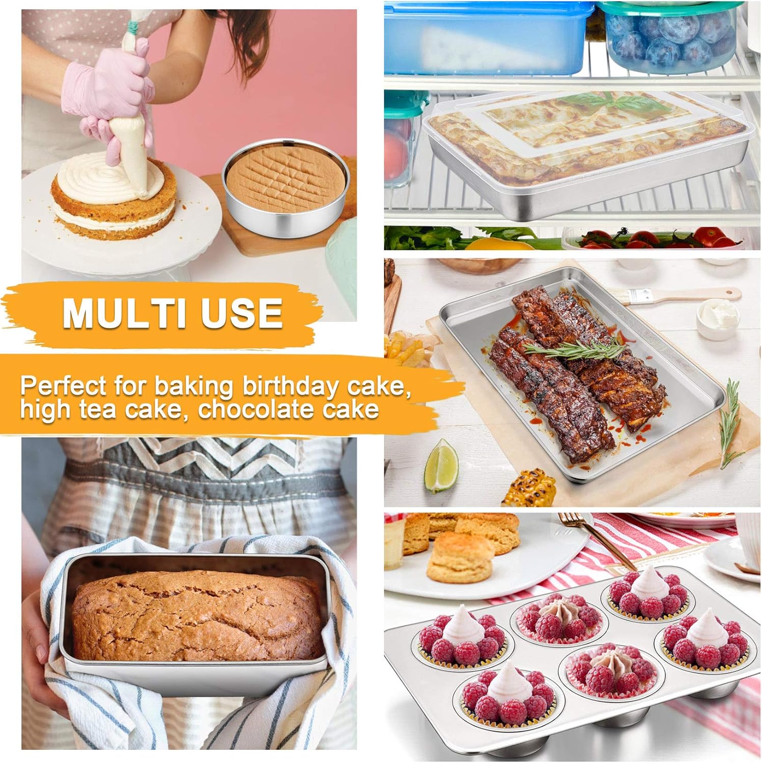6-Piece Bakeware Kitchen Set, P&P CHEF Stainless Steel Bakeware Pans Sets, Including Baking Pan/Round Cake Pan/Muffin Pan/Loaf Pan/Deep Lasagna Pan & Lid, Non-toxic & Durable, Dishwasher Safe: Kitchen & Dining