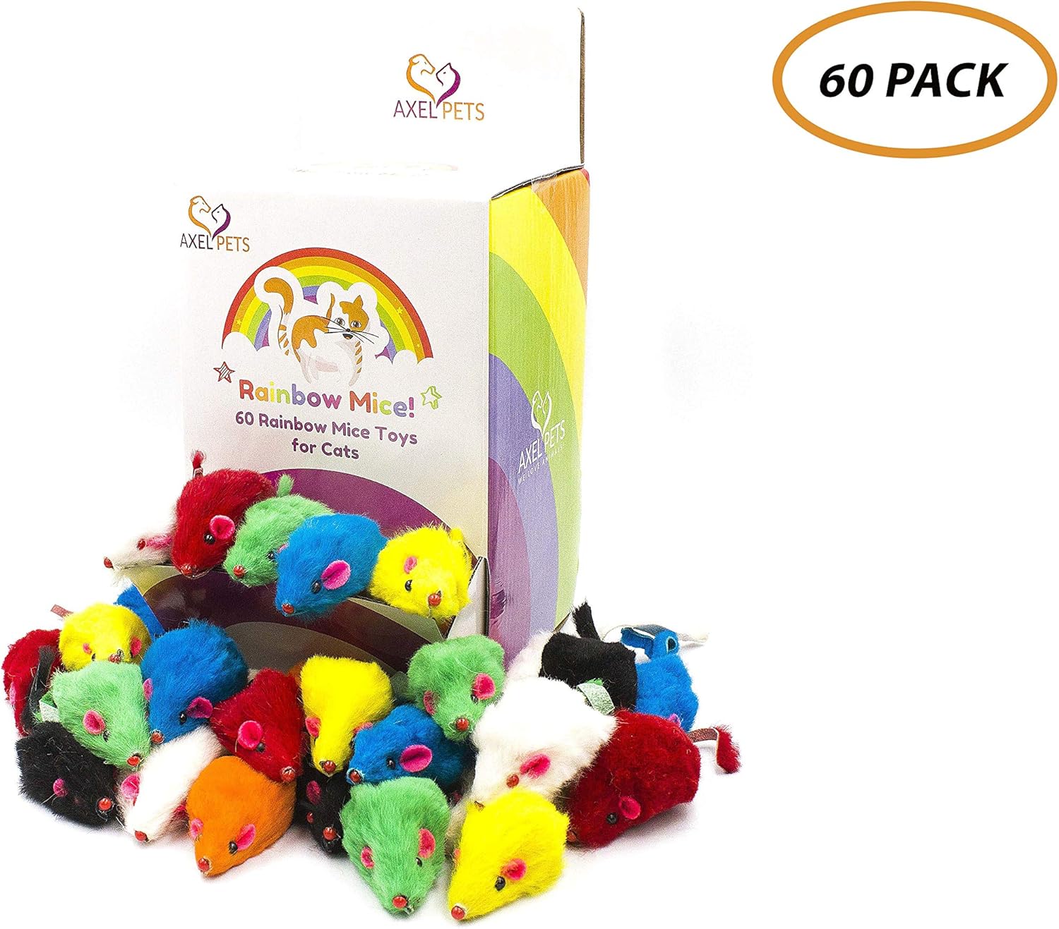 AXEL PETS 60 Rainbow Mice with Catnip and Rattle Sound Made of Real Rabbit Fur