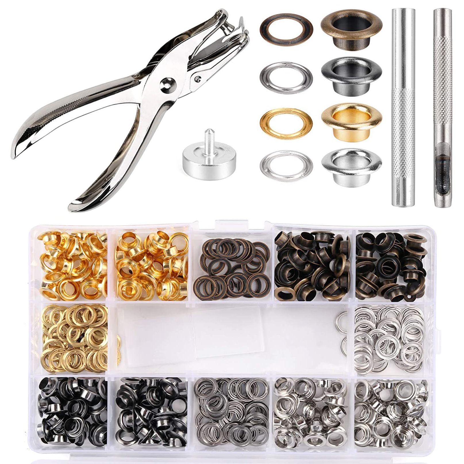 AGSYFFD 400 pcs eyelet and punch 6mm grommet tool kit metal grommet and punch kit with 3 grommet fixing tools 1 punch pliers for fabric leather shoes bags canvas belts handicrafts