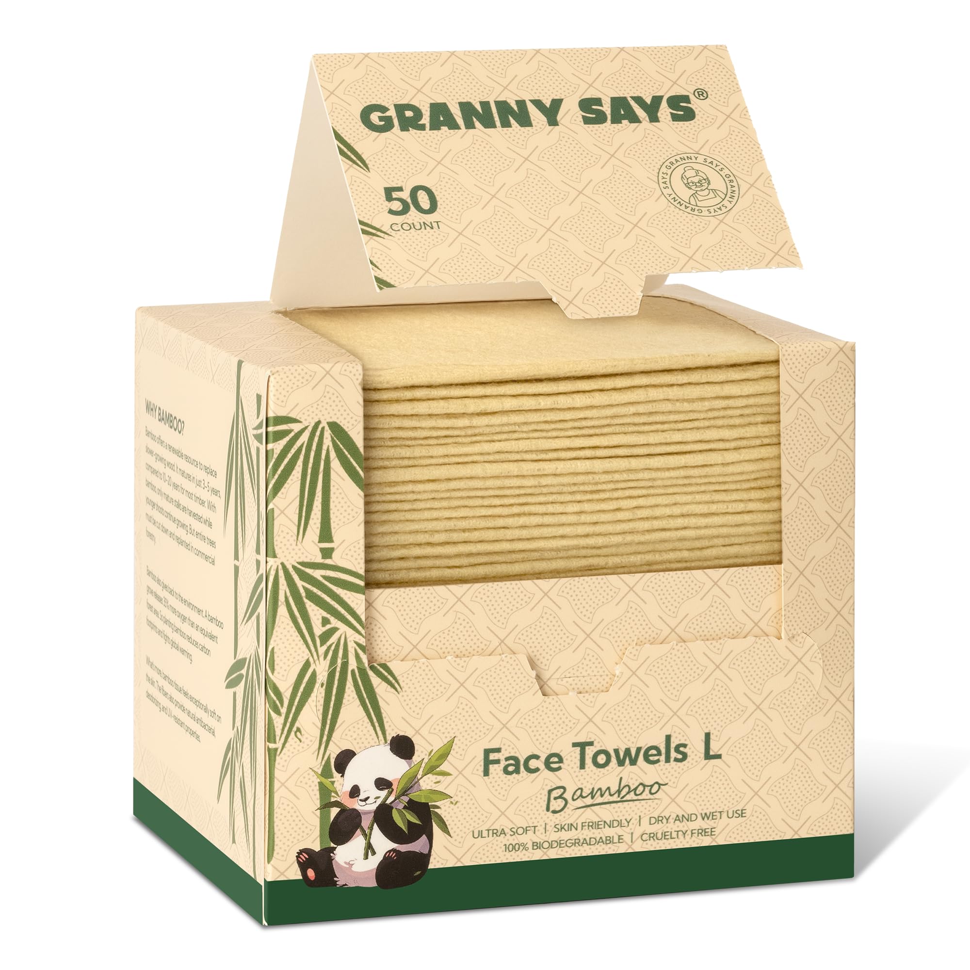 GRANNY SAYS Disposable Face Towels, Bamboo Viscose Face Towelettes Disposable, Biobased Face Towel, Makeup Removing Wipes, Super Soft for Sensitive Skin, 8"x10", 50 Count/1 Box