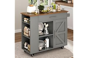 4 EVER WINNER Kitchen Island cart on Wheels with Storage, Kitchen Island with Spice Rack & Towel Rack, Rolling Kitchen Island with Open Shelves, Portable Island with Drawer, Grey