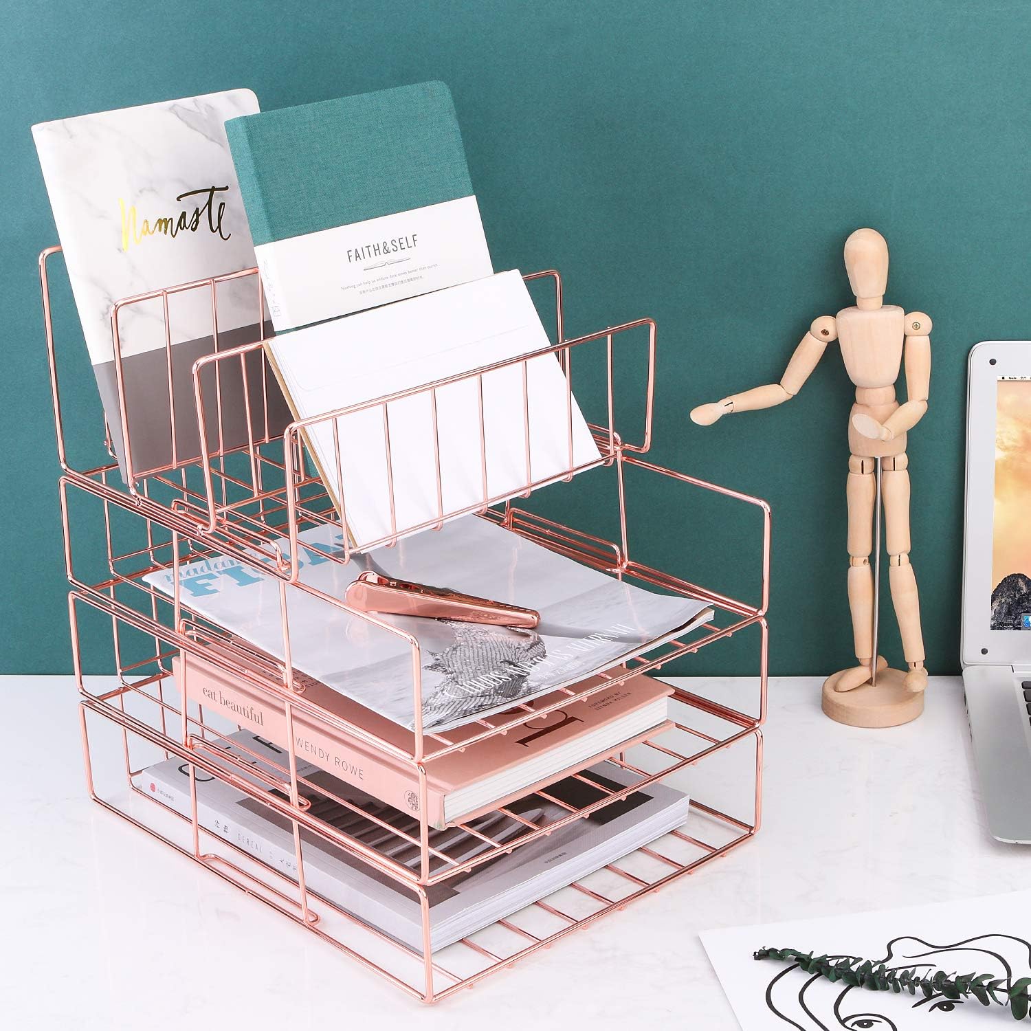 Simmer Stone Stackable File Tray, 3Tier Paper Trays Plus Mail Sorter, Wire Desktop Organizer