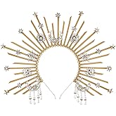 COSUCOS Sunburst Spike Sun Crown - Moon Star Greek Goddess Gold Halo Headband with Tassel, Angel Queen Costume Virgin Mary Headpiece for Women Renaissance Halloween Wedding Cosplay Accessorice