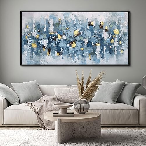 KLAKLA Blue and White Abstract Wall Art - Living Room Wall Decor Gold Picture Artwork for Walls Prints Paintings Framed Canvas Bedroom Office Guest Room Home Decoration 58x29 Inches