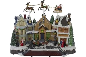 Northlight White And Brown LED Lighted And Animated Christmas Village With Flying Sleigh Decoration - 16" Resin
