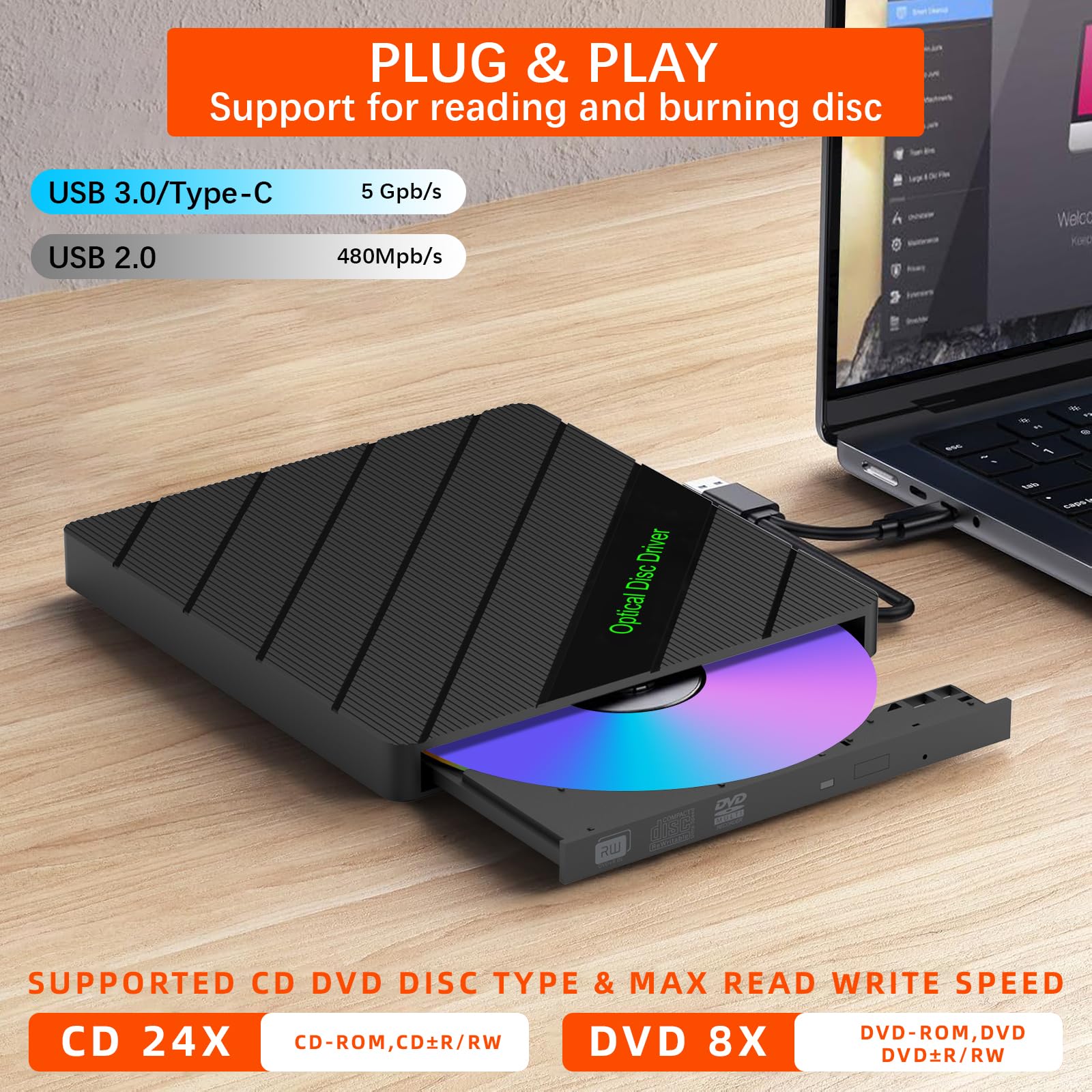 inaepeak 8 IN 1 External CD/DVD Drive for Laptop, USB 3.0 Portable External CD Burner Reader Writer with 4 USB Ports/2 TF SD Card Slots/1 USB Type C Port, Disc Drive for Laptop/PC/Mac/Windows/Linux/OS