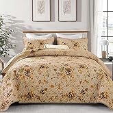 Dobuyly Quilt Set Queen Size, Khaki Floral Bedspreads Coverlet Set, 3 Pieces Soft Lightweight Microfiber Botanical Flowers Quilt Bedding Set for All Seasons 96"x90"