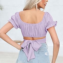 COOUFE Women's Crop Tops Ruffle Short Sleeve Tie