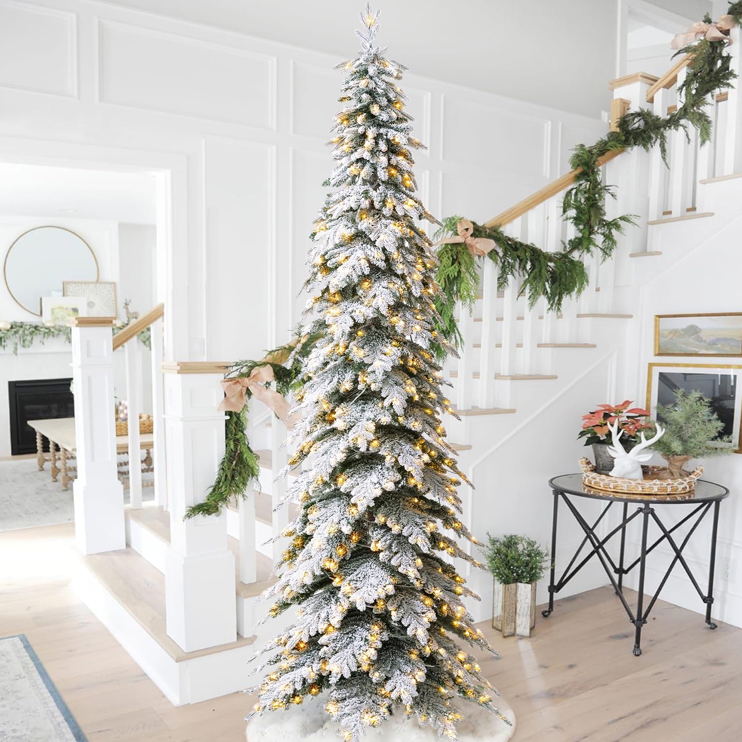 Trees - Glitzhome 11ft Pre-Lit Flocked Pencil Spruce Artificial Christmas Tree with 700 Warm White Lights and Sturdy Metal Stand for Home, Office, Party Decoration