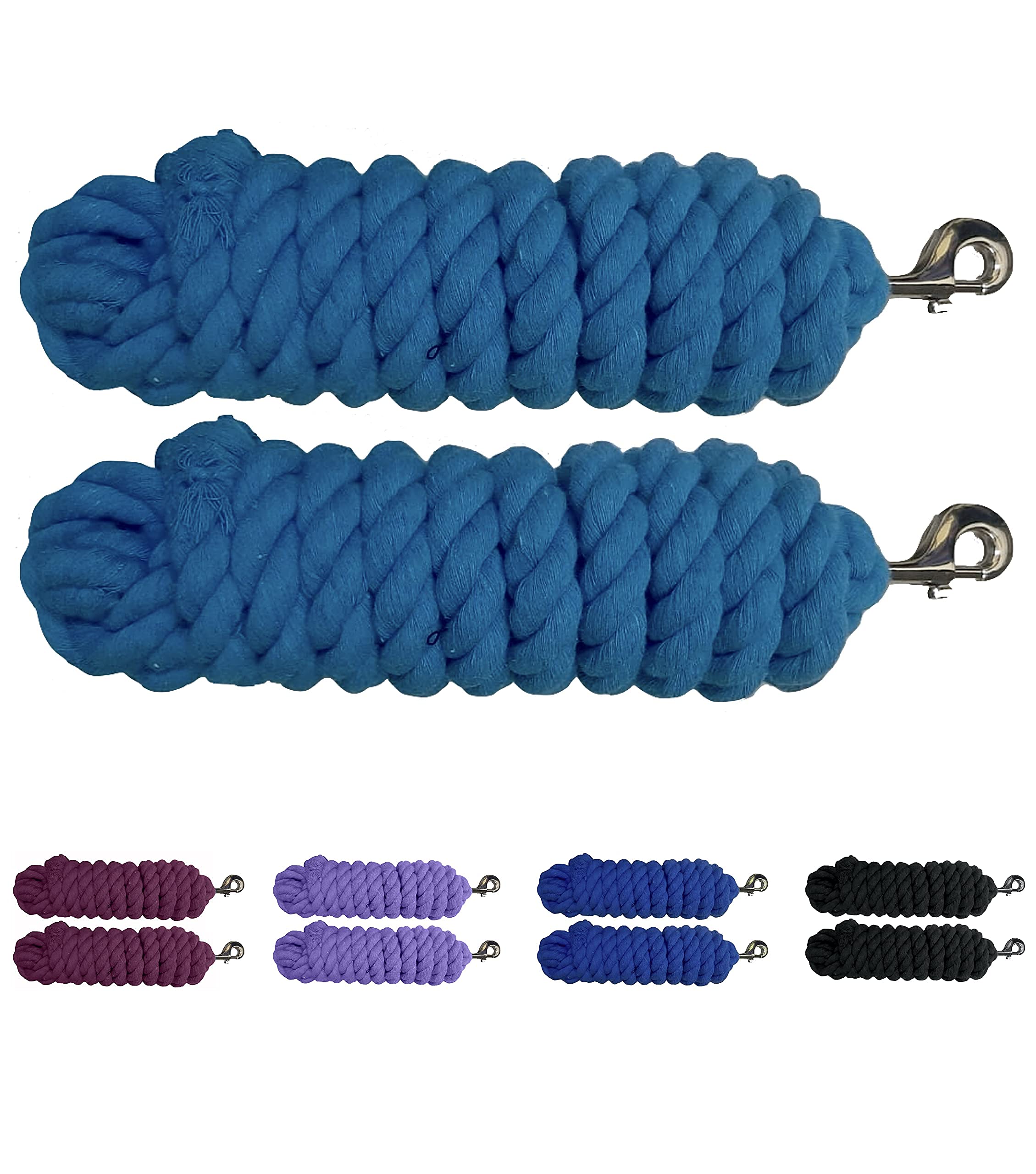 Majestic Ally Pack of 2 Solid Cotton Lead Rope for Horses & Livestock – 10 Foot Long and 5/8 inch Thick - Replaceable Heavy-Duty Satin Bolt Snap – Soft, Broken in Feel (Turquoise)