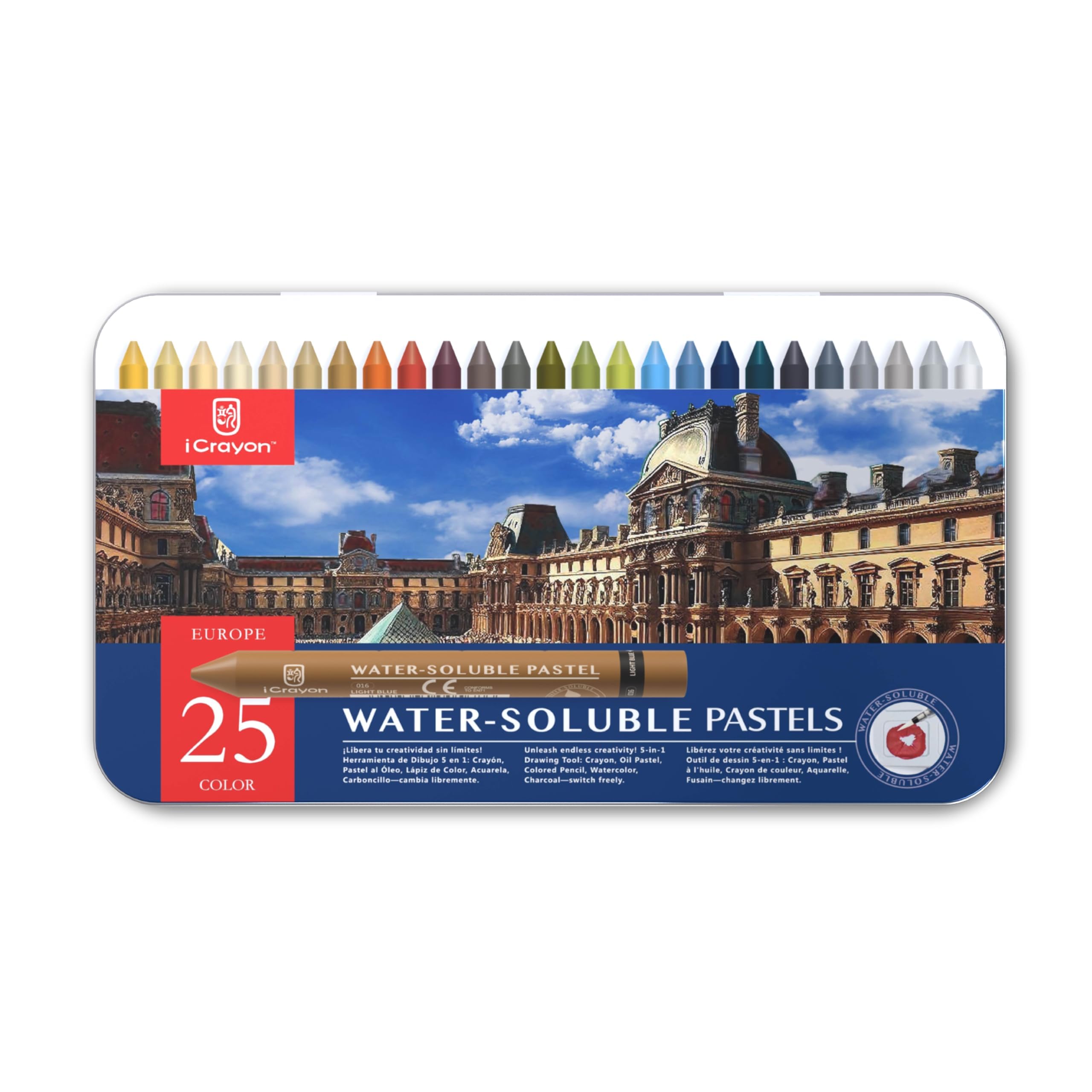iCrayon 25 Colors Water Soluble Pastels, Watercolor Pastels Set for Beginners and Hobbyists, Includes Sharpener, Palette & Brush for Vibrant Art Creations (Europe)