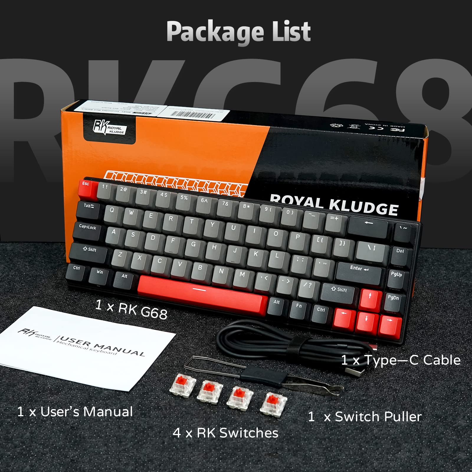 RK ROYAL KLUDGE RK G68 65% Wireless Mechanical Keyboard, Bluetooth5.1/2.4G/Wired Hot Swappable Mechanical Keyboard with RGB 68 Keys 3 USB Ports PBT Keycaps, Brown Switch for Mac Windows, Dolch