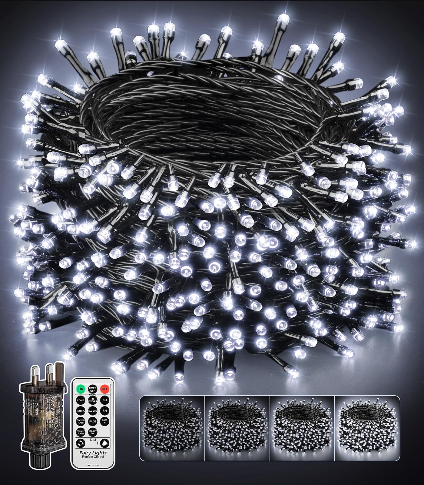 PBGMRT Outdoor Christmas Tree String Lights - 50m 500LED Cool White Long Fairy Lights Plug in with 8-Modes IP44 Waterproof Remote Timer String Lights for Outside Indoor Xmas
