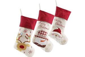 WEWILL 18'' Vintage Christmas Stockings Set of 3 Santa, Snowman, Reindeer, Xmas Character Large Christmas Stocking Hanging Tag Knit Border for Family Kids