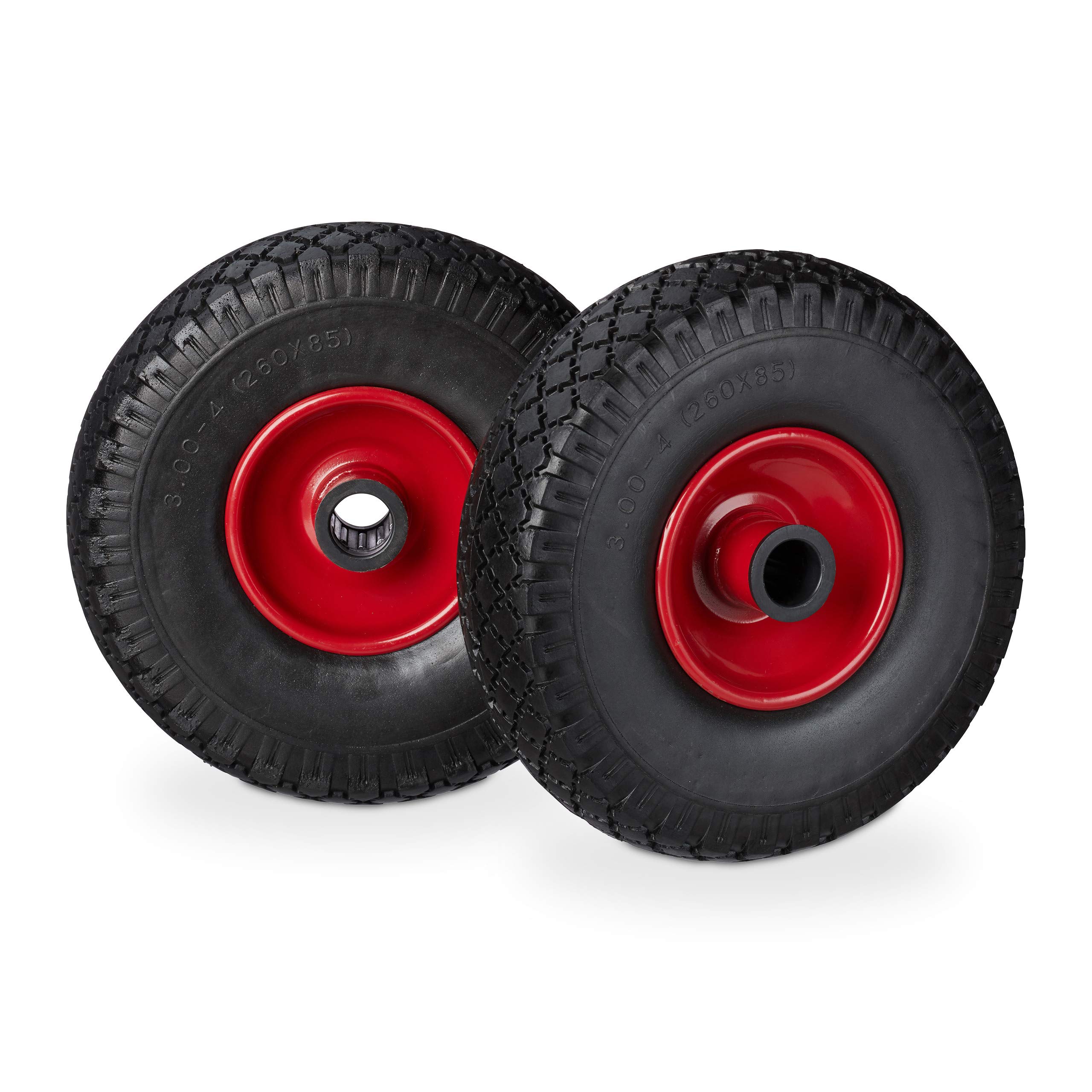Relaxdays Hand Truck Spare Tyre Set, Flatproof, 3.00-4 Solid Rubber Wheel, 25mm Axle, 100 kg, 260 x 85 mm, Black-Red