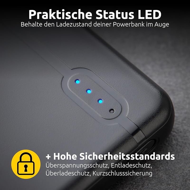 Powerbank XS5000 – 5.000 mAh – Kompakter externer Akku für iPhone, Smartphone, Tablet & Kamera, USB-C, USB-A, microUSB, Schnelles Laden, Schwarz
