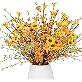 J'FLORU Fall Flower Decorations 12 Pack Autumn Floral Picks Artificial Forsythia Flowers with Orange Daisies for Floral Arrangements Harvest Festival Thanksgiving Day Decor