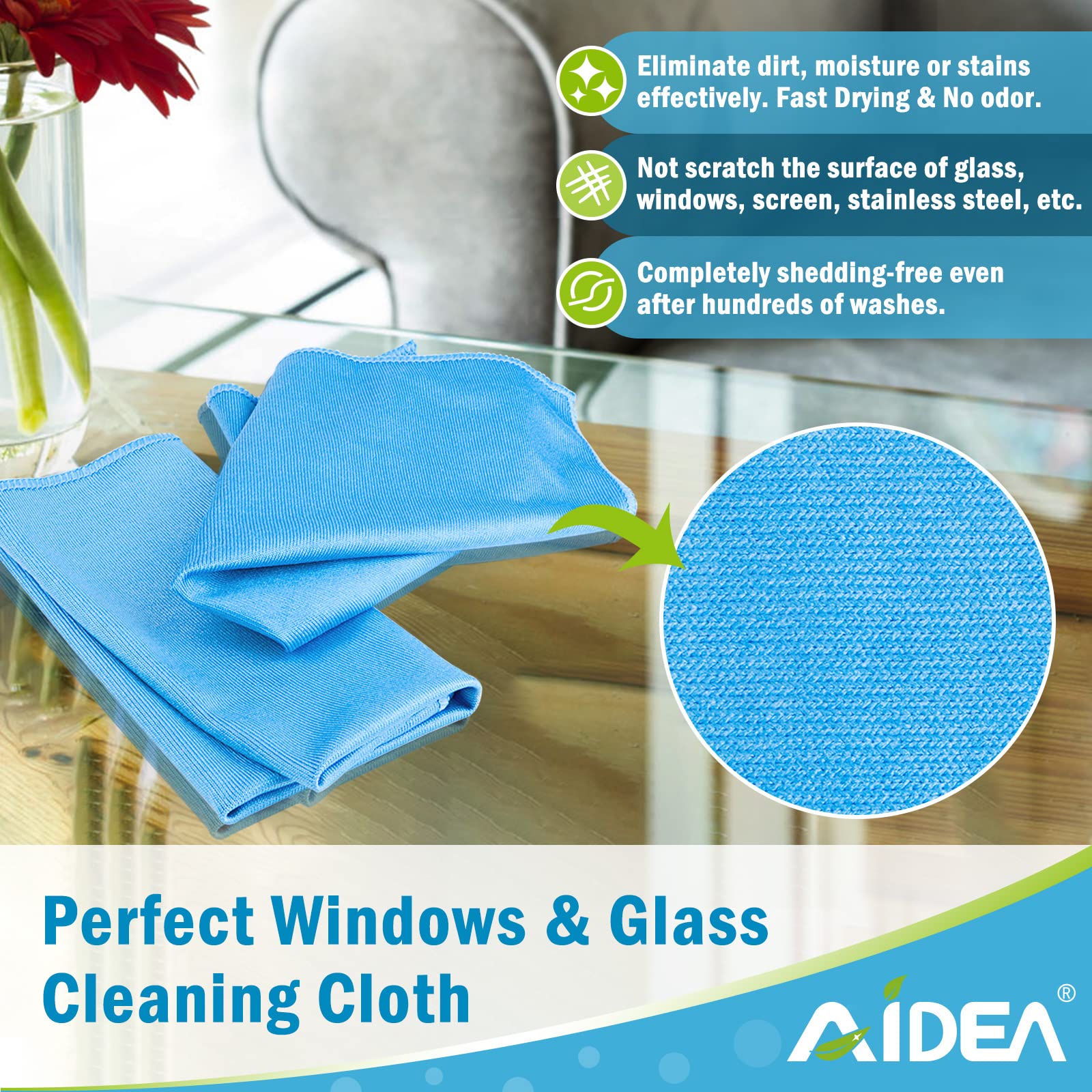 AIDEA Microfiber Glass Cleaning Cloths-8PK, Lint Free Streak Free Cleaning Towels, Quickly Clean Windows, Glass, Mirrors, Windshields, Stainless Steel, Lint-Free Window Cloth Blue-16”×14”