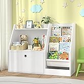 TOETOL Kids Bookshelf,Book Storage Organizer,4 Sling Toddler Wooden Book Shelf,2-Tier Kids Bookcase for Bedroom,Livingroom,Playroom,Nursery-White