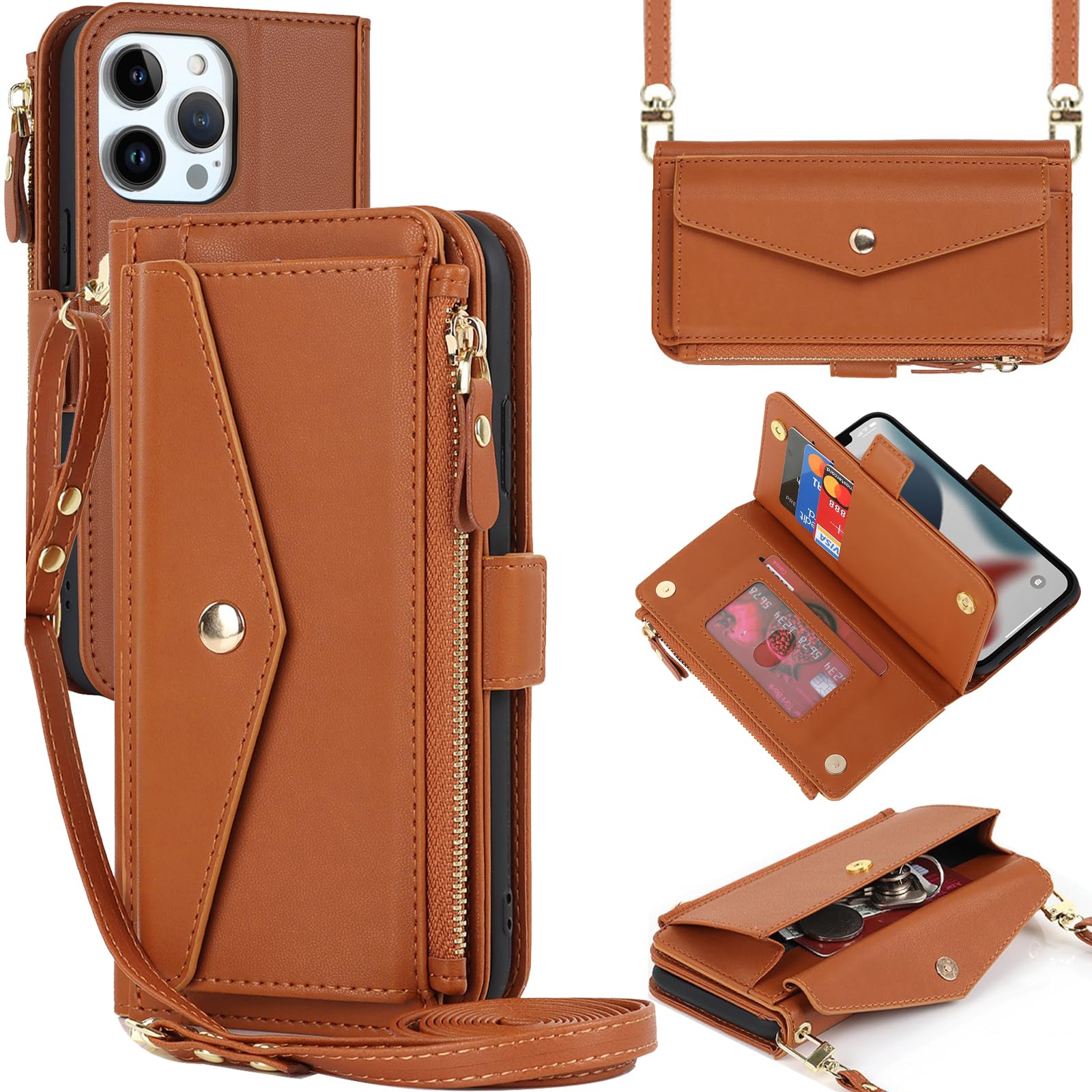 Zouzt for iPhone 13 Pro Max Wallet Case for Women, Purse with Credit Card Holder Slots Crossbody Lanyard Strap Zipper Flip Book Shockproof Protective Phone Cover for Apple 13 Pro Max 6.7 Inch (Brown)