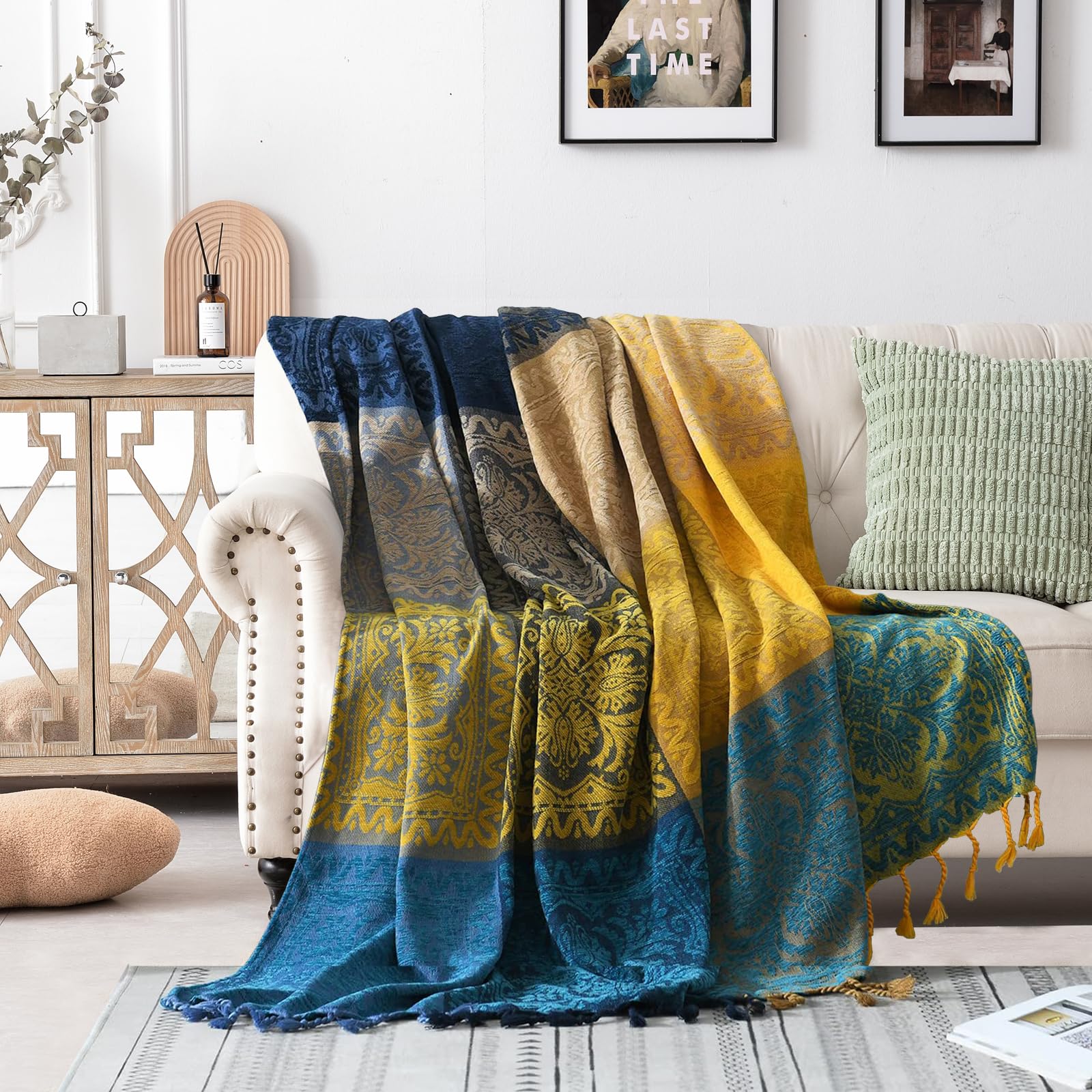 Edcooy Throws for Sofas, Colorful Chenille Tassels Woven Hippie Throw Blankets for Couch Bed Sofa Settees,Bohemian Fringe Tassels Decor Home (Blue, 150x200cm)… — image 1