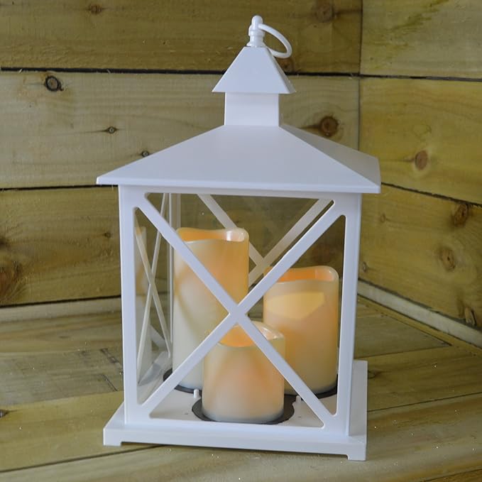 41cm Indoor / Outdoor Traditional Lantern with 3 LED Candles & Timer White Amazon.co.uk