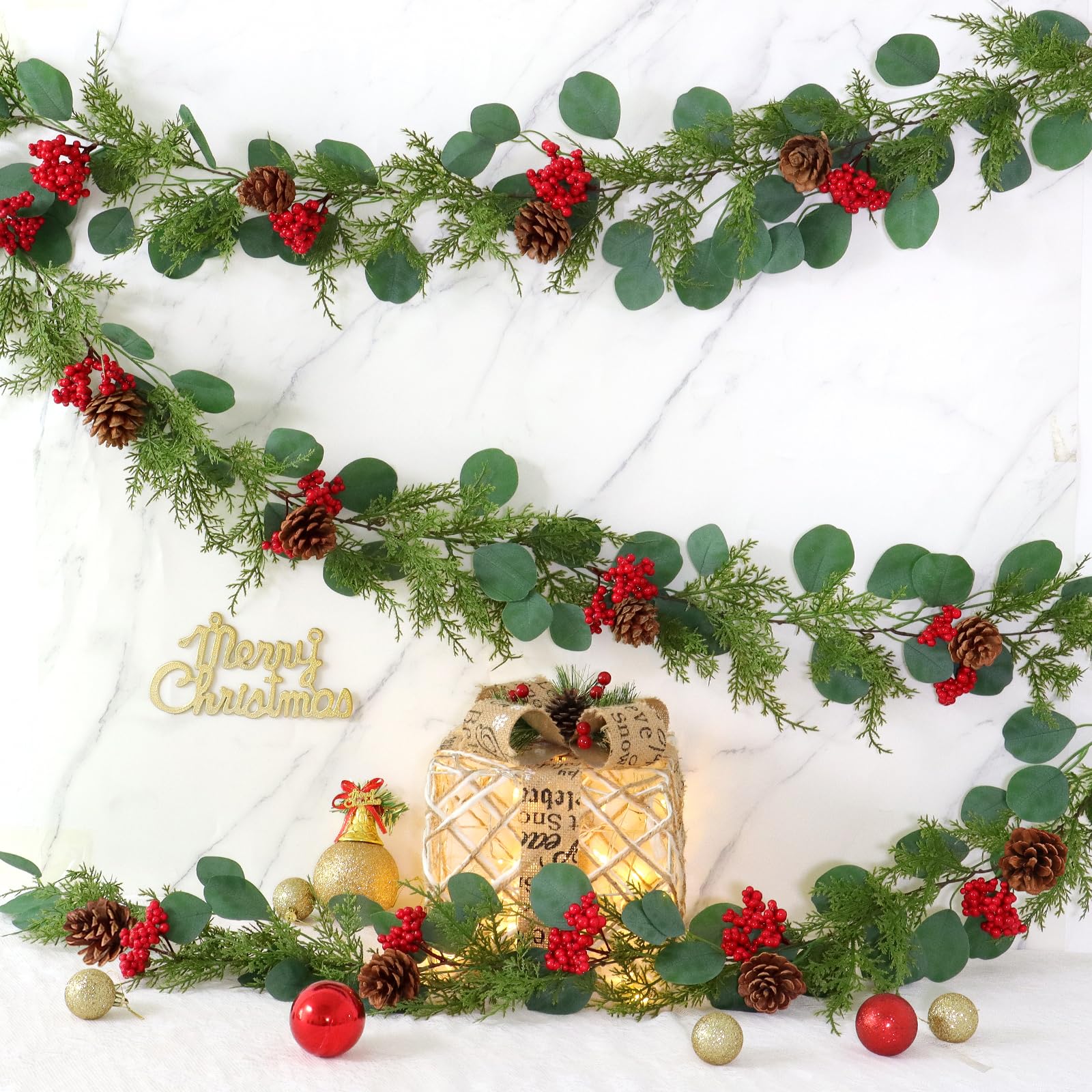 Dremisland 6FT Christmas Pine Needles Garland Artificial Eucalyptus Garlands Fake Red Berries Garlands Faux Cedar Garland Christmas Wreath Greenery Vines for Fireplace Xmas Indoor Outdoor Decor