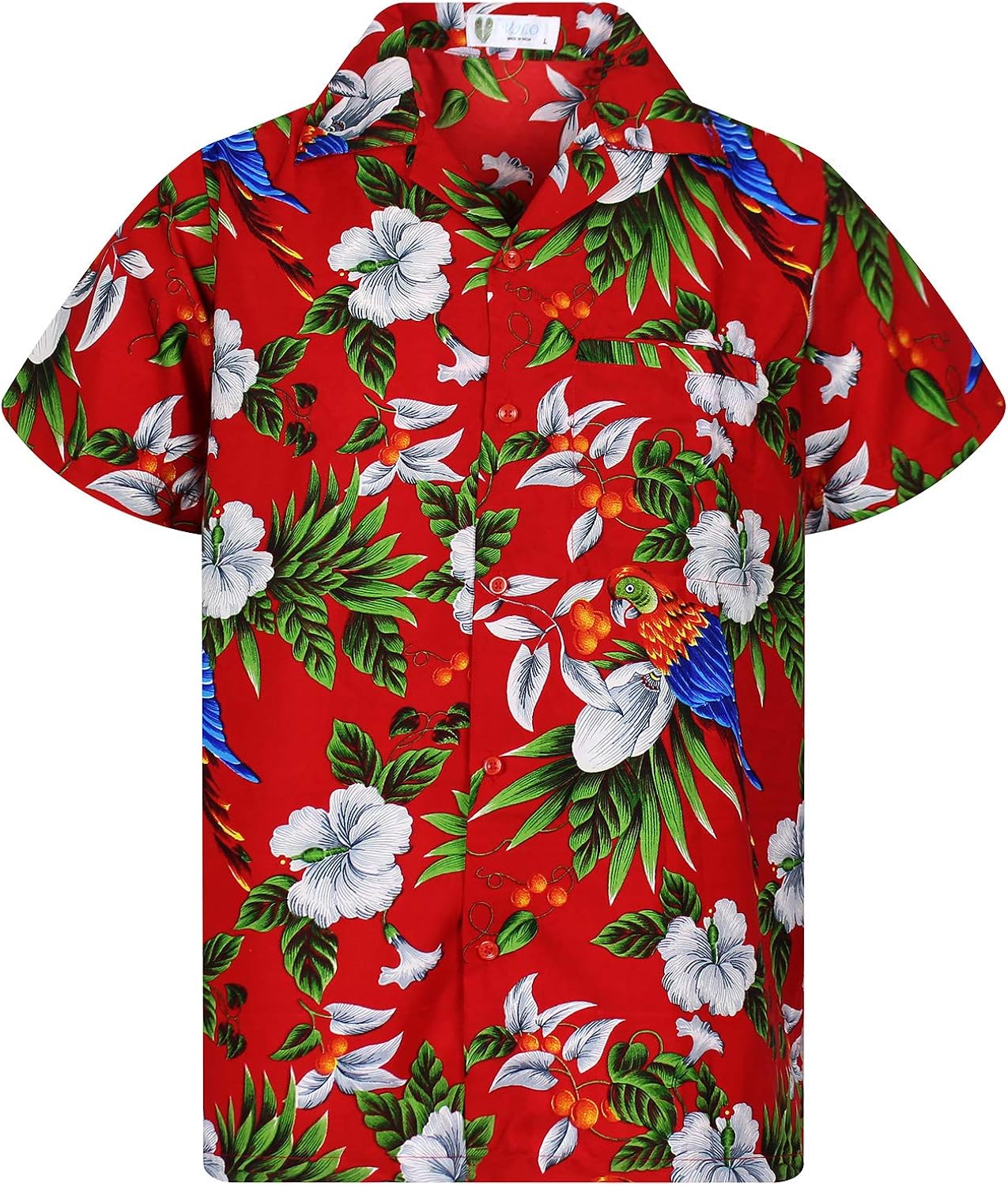 V.H.O Funky Hawaiian Shirt Men ShortSleeve FrontPocket Parrot Cherry