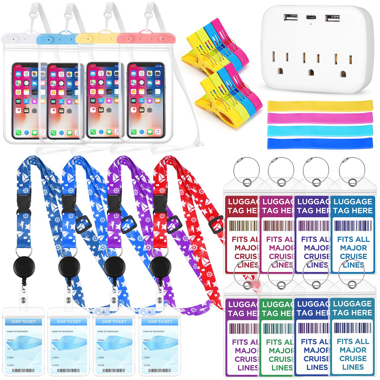 Photo 1 of Cruise Ship Essentials Kit Include Cruise Luggage Tags Holder, Cruise Lanyards, Cruise Power Strip, Towel Bands and Clips, Waterproof Phone Bags for All Cruise Lines
