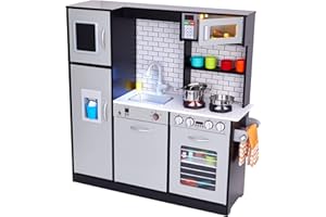 Lil' Jumbl Kids Kitchen Set, Pretend Wooden Play Kitchen, Battery Operated Icemaker, Burners, Faucet & Microwave Makes Realistic Sound & Light, Pots & Pan Included - Charcoal