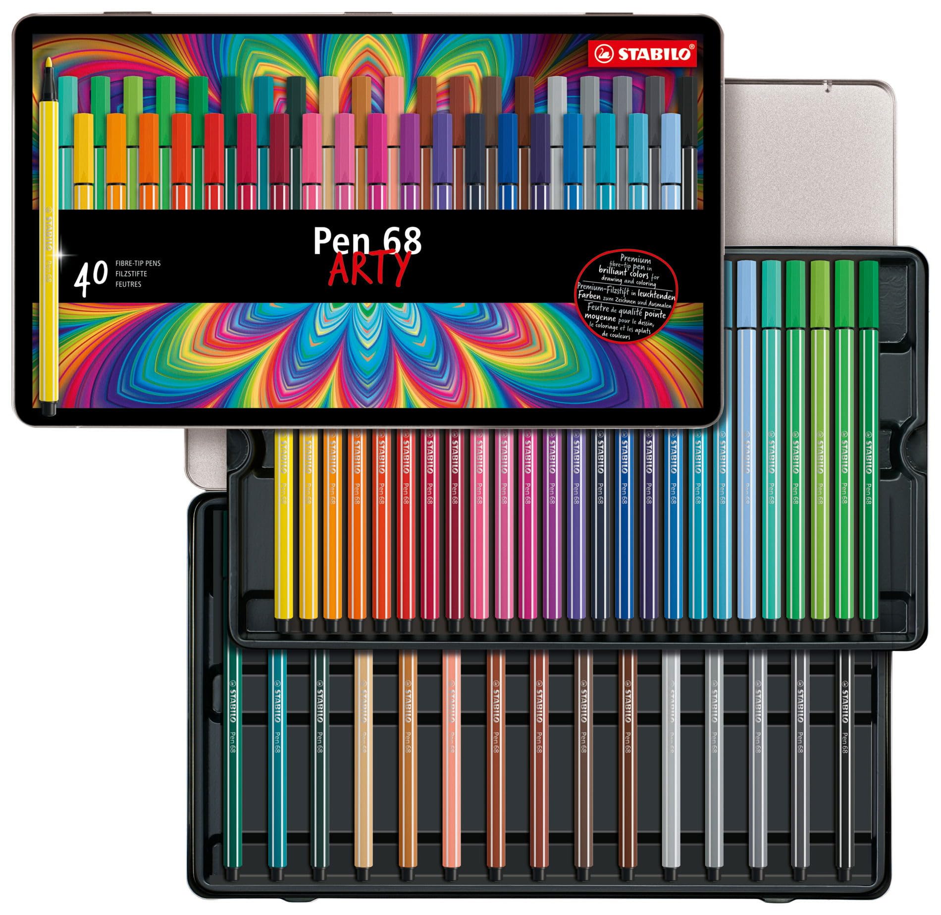 STABILO Pen 68 - Premium Fibre-Tip Pen - ARTY - Tin of 40 - Assorted Colours