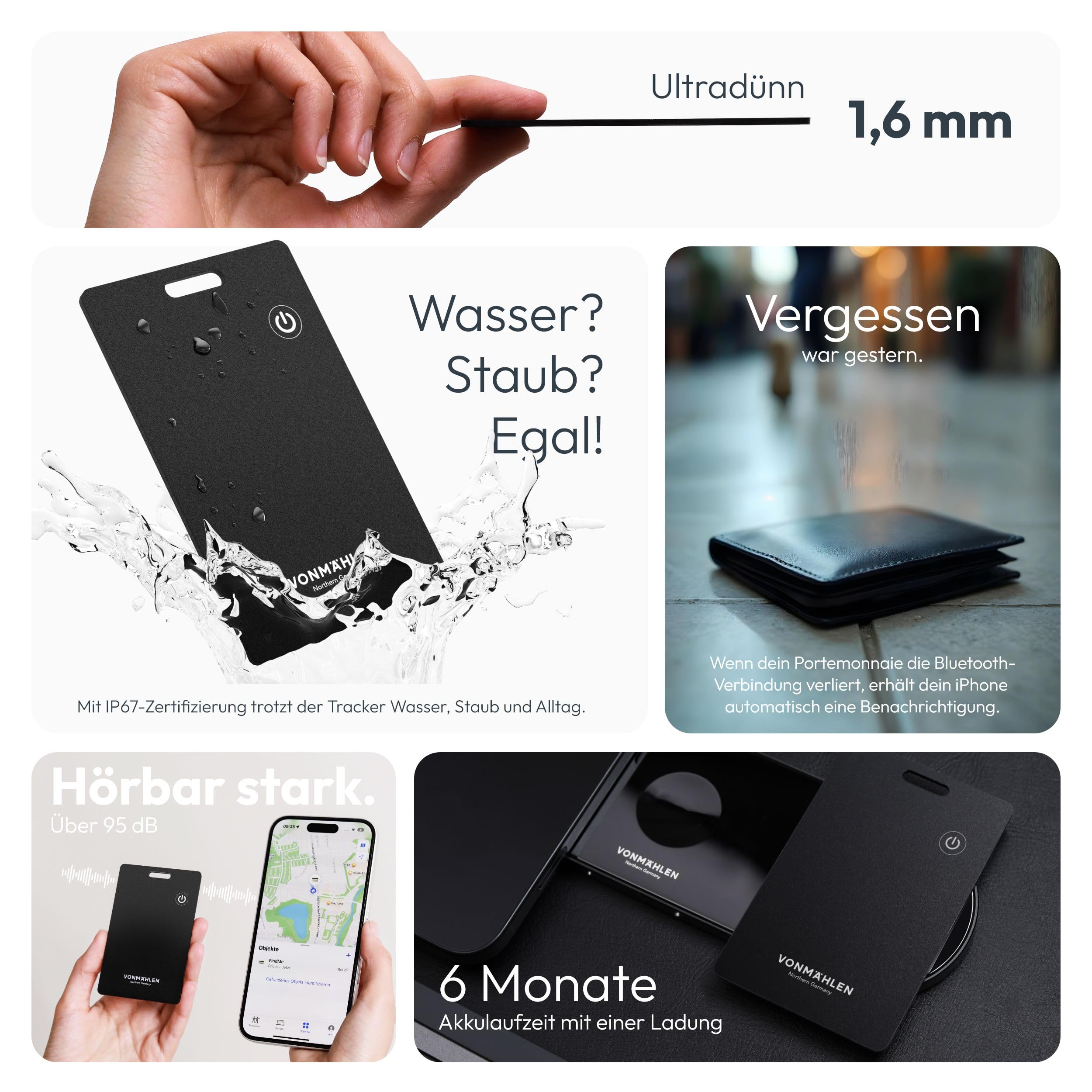 VONMÄHLEN FindMe - Bluetooth Tracker Karte - Ultra-Slim Design, Kabellos Aufladbar, Wasser- und Staubresistent, Kompatibel mit Apple Find My und Wo ist App - Ideal für Brieftaschen und Gepäck - Black 3