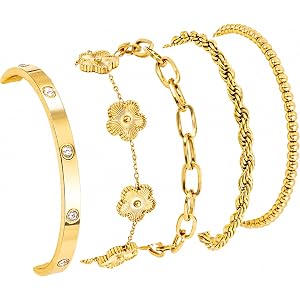 Lamdo 18K Gold Plated Womens Stackable Floral Gold Clover Bracelets Set Love Bangle Bracelets Non Tarnish, Nail Bracelet Set