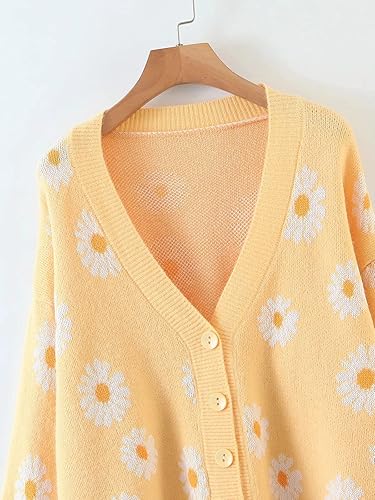 Women Y2K Floral Print Knit Cardigan Sweater Long Sleeve V Neck